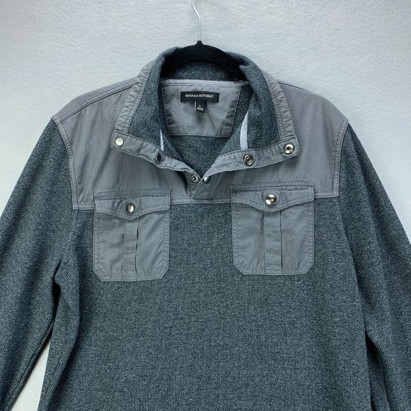 **SOLD**Banana Republic Mens Shirt Large Gray Long Sleeve Thermal Snap Pockets - Picture 2 of 12